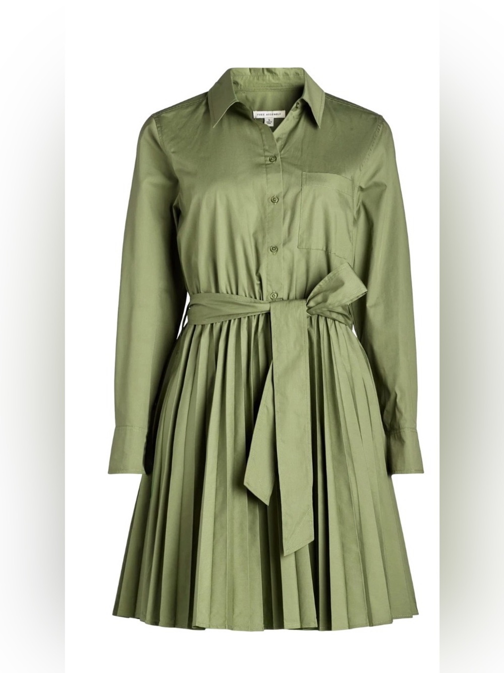 Free Assembly Mini Shirtdress Women’s Size XS Green Pleated with Long Sleeves
